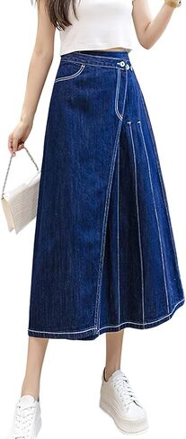 تنانير Viatabuna من الدينيم للنساء بطول متوسط ​​كاجوال وخصر عالٍ ومطوي على شكل حرف A تنورة جينز طويلة مع جيوب in Kuwait