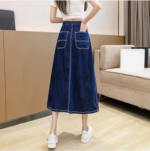 تنانير Viatabuna من الدينيم للنساء بطول متوسط ​​كاجوال وخصر عالٍ ومطوي على شكل حرف A تنورة جينز طويلة مع جيوب in Kuwait