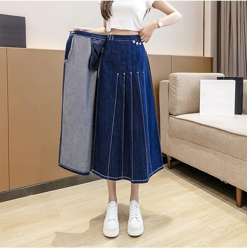 تنانير Viatabuna من الدينيم للنساء بطول متوسط ​​كاجوال وخصر عالٍ ومطوي على شكل حرف A تنورة جينز طويلة مع جيوب in Kuwait