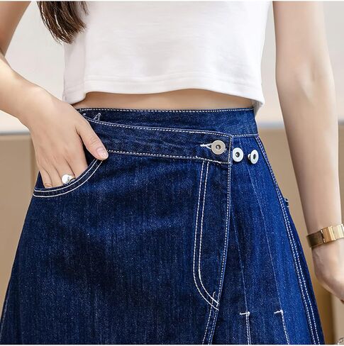 تنانير Viatabuna من الدينيم للنساء بطول متوسط ​​كاجوال وخصر عالٍ ومطوي على شكل حرف A تنورة جينز طويلة مع جيوب in Kuwait