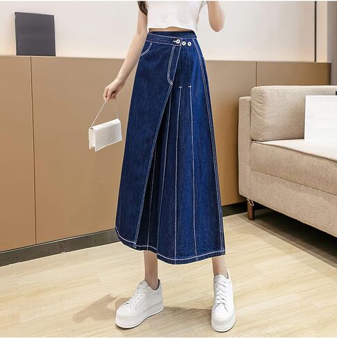 تنانير Viatabuna من الدينيم للنساء بطول متوسط ​​كاجوال وخصر عالٍ ومطوي على شكل حرف A تنورة جينز طويلة مع جيوب in Kuwait