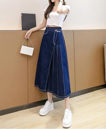 تنانير Viatabuna من الدينيم للنساء بطول متوسط ​​كاجوال وخصر عالٍ ومطوي على شكل حرف A تنورة جينز طويلة مع جيوب in Kuwait