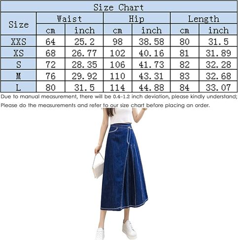 تنانير Viatabuna من الدينيم للنساء بطول متوسط ​​كاجوال وخصر عالٍ ومطوي على شكل حرف A تنورة جينز طويلة مع جيوب in Kuwait