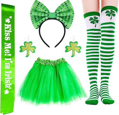 إكسسوارات يوم القديس باتريك للنساء من إيريش بارادايس مجموعة أزياء شامروك ترتر عصابة رأس سانت باتريك توتو القرط البرسيم الجوارب مخطط سانت باتريك هدايا حفلة القديس باتريك 5 قطع in Kuwait