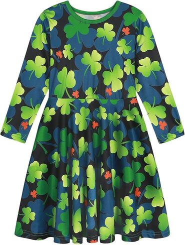 WonderBabe Girls St Patrick's Day Dress Outfit Long Sleeve Plaid Shamrock Casual Swing Midi Dresses Clothes in Kuwait