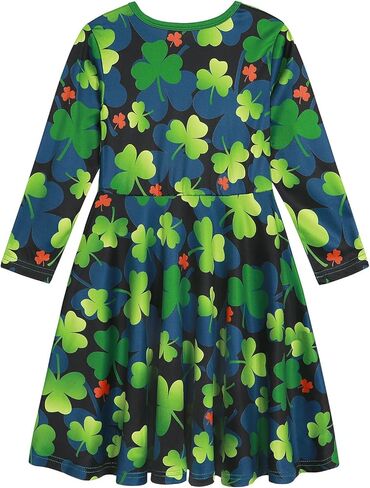 WonderBabe Girls St Patrick's Day Dress Outfit Long Sleeve Plaid Shamrock Casual Swing Midi Dresses Clothes in Kuwait