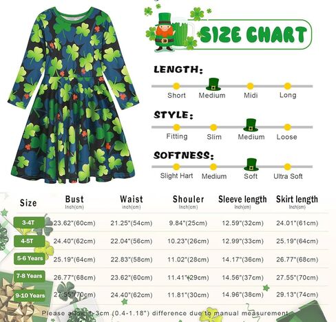 WonderBabe Girls St Patrick's Day Dress Outfit Long Sleeve Plaid Shamrock Casual Swing Midi Dresses Clothes in Kuwait
