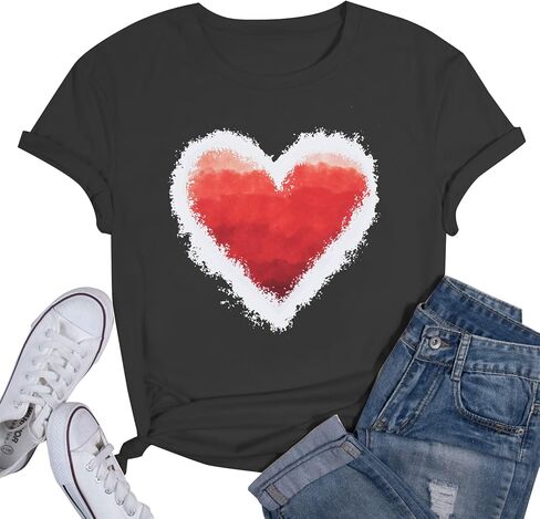 تي شيرت Be Mine Valentine Day تي شيرت نسائي برسومات قلب قوس قزح وأكمام قصيرة كاجوال هدية عيد الحب in Kuwait