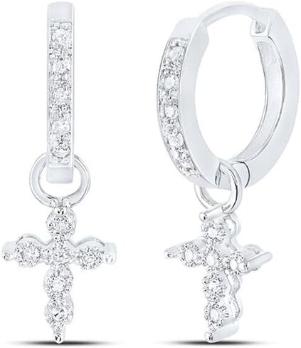 10kt White Gold Womens Round Diamond Cross Hoop Dangle Earrings 1/8 Cttw, Metal Gemstone, Diamond in Saudi Arabia