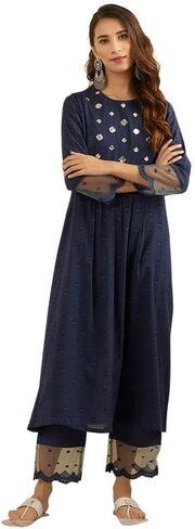 طقم كورتا بانت مع دوباتا مرآة للعمل، تونيك كورتي للنساء بأكمام قصيرة ورقبة دائرية، كورتا سانت أزرق داكن in Kuwait