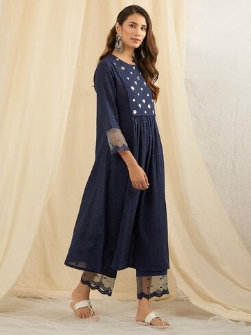 طقم كورتا بانت مع دوباتا مرآة للعمل، تونيك كورتي للنساء بأكمام قصيرة ورقبة دائرية، كورتا سانت أزرق داكن in Kuwait