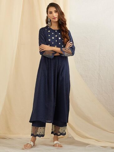 طقم كورتا بانت مع دوباتا مرآة للعمل، تونيك كورتي للنساء بأكمام قصيرة ورقبة دائرية، كورتا سانت أزرق داكن in Kuwait