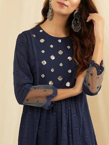 طقم كورتا بانت مع دوباتا مرآة للعمل، تونيك كورتي للنساء بأكمام قصيرة ورقبة دائرية، كورتا سانت أزرق داكن in Kuwait