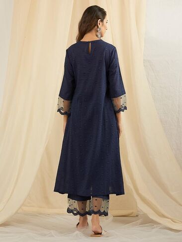 طقم كورتا بانت مع دوباتا مرآة للعمل، تونيك كورتي للنساء بأكمام قصيرة ورقبة دائرية، كورتا سانت أزرق داكن in Kuwait