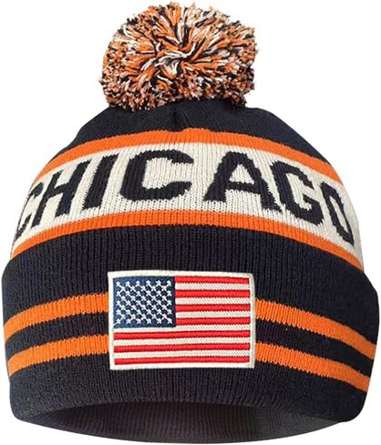 US Flag Chicago City Football Embroidery Classic Pom Cuff Chicago Beanie Hat Cuffed Winter Hat Knit Toque Skull Cap Navy Blue in Kuwait