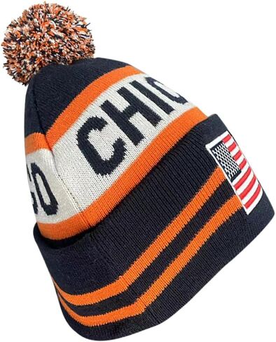 US Flag Chicago City Football Embroidery Classic Pom Cuff Chicago Beanie Hat Cuffed Winter Hat Knit Toque Skull Cap Navy Blue in Kuwait