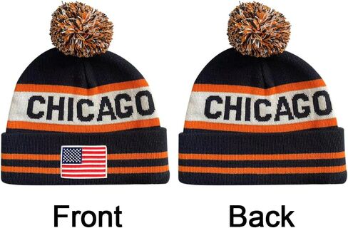 US Flag Chicago City Football Embroidery Classic Pom Cuff Chicago Beanie Hat Cuffed Winter Hat Knit Toque Skull Cap Navy Blue in Kuwait