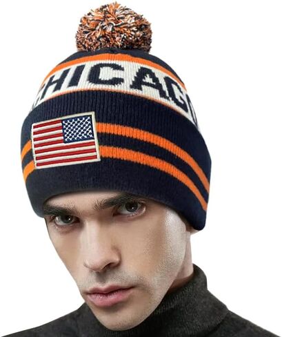 US Flag Chicago City Football Embroidery Classic Pom Cuff Chicago Beanie Hat Cuffed Winter Hat Knit Toque Skull Cap Navy Blue in Kuwait