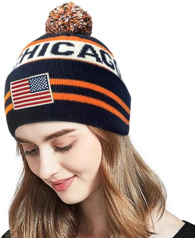 US Flag Chicago City Football Embroidery Classic Pom Cuff Chicago Beanie Hat Cuffed Winter Hat Knit Toque Skull Cap Navy Blue in Kuwait
