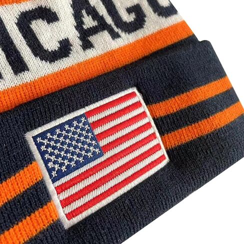 US Flag Chicago City Football Embroidery Classic Pom Cuff Chicago Beanie Hat Cuffed Winter Hat Knit Toque Skull Cap Navy Blue in Kuwait