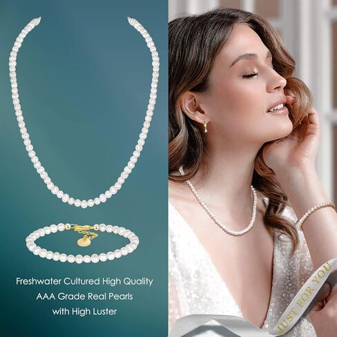 showii الأبيض المياه العذبة مثقف اللؤلؤ قلادة للنساء حقيقية أساور اللؤلؤ الطبيعي المختنق قلادة 14 كيلو الذهب الحقيقي مطلي سلسلة سوار مجموعة قابل للتعديل هدية للفتيات in Kuwait