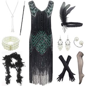 Letter Love Women 1920s Gatsby V-Neck Sequin Art Deco Flapper Dress with 20s Accessories Set