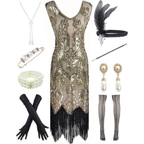 Letter Love Women 1920s Gatsby V-Neck Sequin Art Deco Flapper Dress with 20s Accessories Set