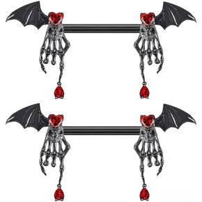 Punk Black Bat Nipple Rings for Women Surgical Steel Red Crystal Heart Skeleton Skull Nose Ring Hoop Halloween Nipple Rings Nipplerings Gothic Body Jewelry