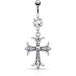 Belly Button Ring Celtic Cross with Paved Gems Dangle Navel Ring