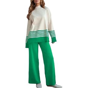 ELLENWELL Casual Sweater Sets Women 2 piece Outfits Long Sleeve Striped Pullover Top Wide Leg Pants Matching Lounge Sets