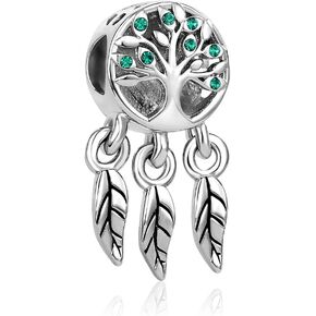 MiiFort Dream Catcher Family Tree of Life Charm Compatible with Pandora Charms Bracelets Women Girls Birthday Feather Green Crystal, Cubic Zirconia, Cubic Zirconia