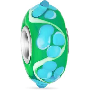 Murano Glass .925 Sterling Silver Core 3D Lamp work Floral Blue Green Red and White Hibiscus Flower Spacer Charm Bead Fits European Bracelet For Women Teen