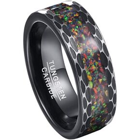 8mm Black Tungsten Rings for Men Crushed Fire Opal Inlay Brushed Multifaceted Finish Wedding Band Comfort Fit Size 7-12