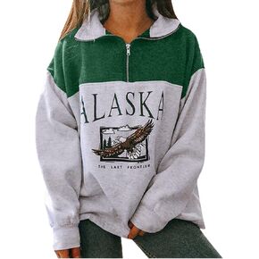 Women Novelty ALASKA Letter Print Sweatshirt Vintage Zipper Long Sleeve Loose Lapel Hoodie Pullover