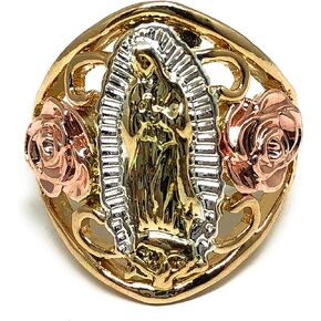 Fran & Co. Gold Plated Women's Tri-Color Virgin Mary Flower Ring Virgen de Guadalupe Anillo Flores