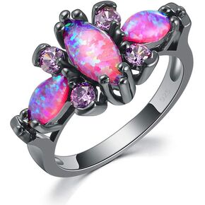 CiNily Black Gold Plated Purple Opal & Amethyst Ring for Women Ladies Big Gemstone Promise Ring Jewelry Gift