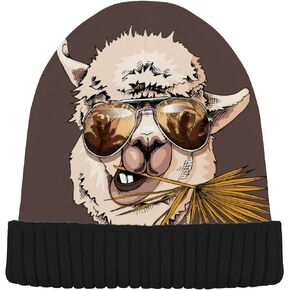 ALAZA Hand Drawn Llama in Sunglasses Brown Beanie for Women Men Winter Hat Reversible Skull Cuffed Knit Cap