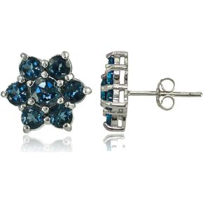 Sterling Silver Genuine London Blue Topaz Flower Stud Earrings