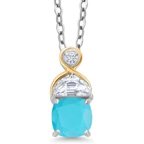 Gem Stone King 925 Silver and 10K Yellow Gold Pendant with Chain Cushion Green Turquoise and Moissanite (1.23 Cttw)