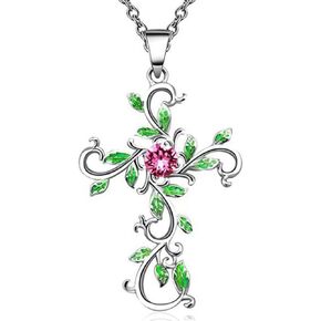 Cross Necklace for Women Charm Rose Gold Silver Christmas Tree Cross Pendant Green Leaf Wrap Crucifix Necklace for Girls Christmas Jewelry Gifts