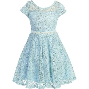 BNY Corner Cap Sleeve Floral Lace Glitter Pearl Holiday Party Flower Girl Dress