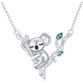 Koala Necklace Sterling Silver Koala Pendant Green Leaves Koala Hugging Tree Trunk Necklace Koala Jewelry Mother's Day Gifts for Women Girls