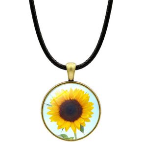 Handmade Real Dry Pressed Sunflower Round Resin Leather Necklace