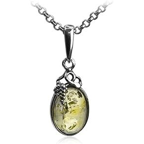 Lemon Amber Sterling Silver Classic Grape Leaves Pendant Necklace 18 Inches