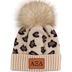Sorority Shop - Alpha Xi Delta Beanie Hat - Leopard Print - AXD Name Patch