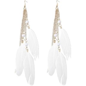 Jurxy 1 Pair Feather Dangle Earrings Bohemian Style Women Jewelry 3 Big Feather Tassel Hook Ear Stud Earrings with Beads- White