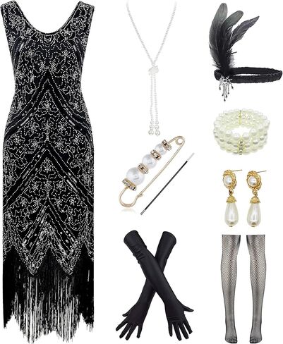 Letter Love Women 1920s Gatsby V-Neck Sequin Art Deco Flapper Dress with 20s Accessories Set in Saudi Arabia