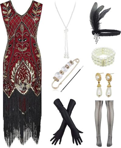 Letter Love Women 1920s Gatsby V-Neck Sequin Art Deco Flapper Dress with 20s Accessories Set in Saudi Arabia