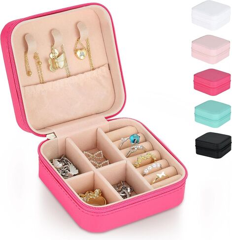 Souarts Travel Jewelry Box, PU Small Jewelry Box & Organizer, Rose Travel Jewelry Case for Women Girls, Ring Necklace Organizer Case Storage Gift Box in Saudi Arabia