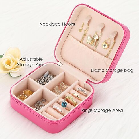 Souarts Travel Jewelry Box, PU Small Jewelry Box & Organizer, Rose Travel Jewelry Case for Women Girls, Ring Necklace Organizer Case Storage Gift Box in Saudi Arabia